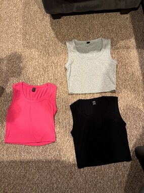 Set of 3 Ribbed Tank Tops - Pink, Gray, Black SHEIN